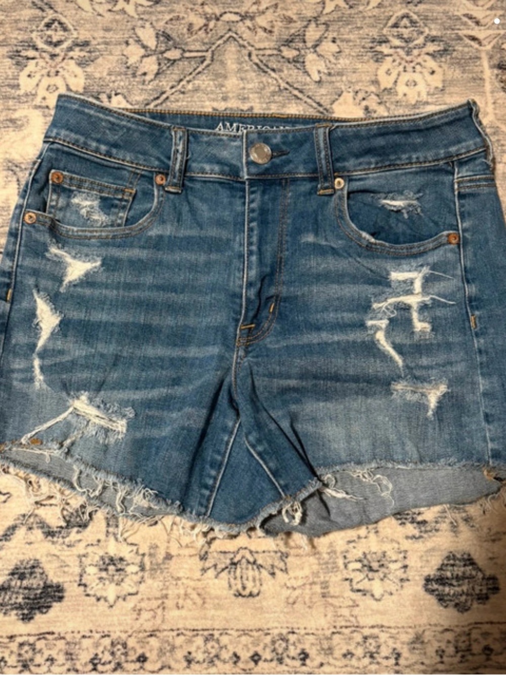 American Eagle Outfitters Distressed High-Rise Denim Shortie - Blue